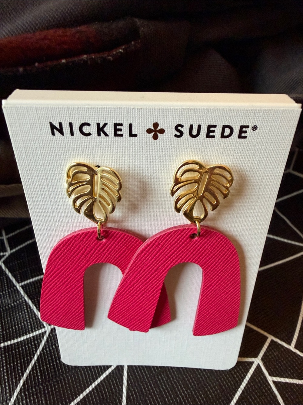 Nickel & Suede Bright Melon Beau Leather Earrings with Palm Post, Pink & Gold